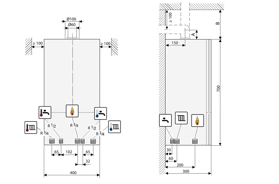 Гидравлические подключения и размеры для подключения котла Buderus Logamax U072-24K